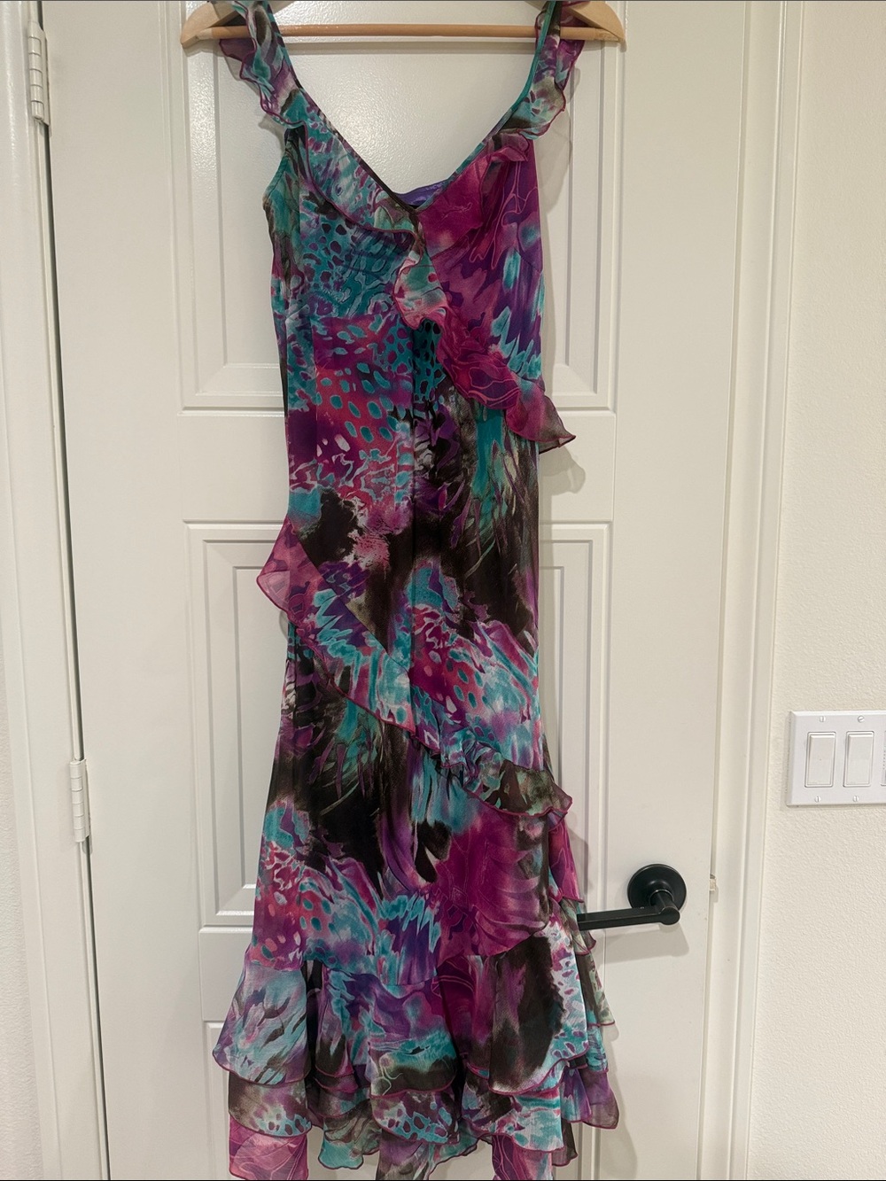 Ruffled V-Neck Maxi Dress in Purple and Teal